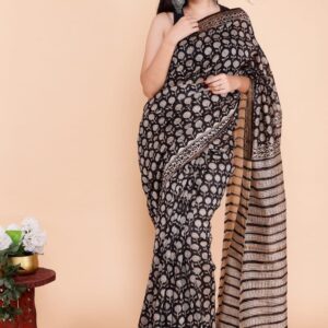 Hand Block Print Chandri Silk Saree