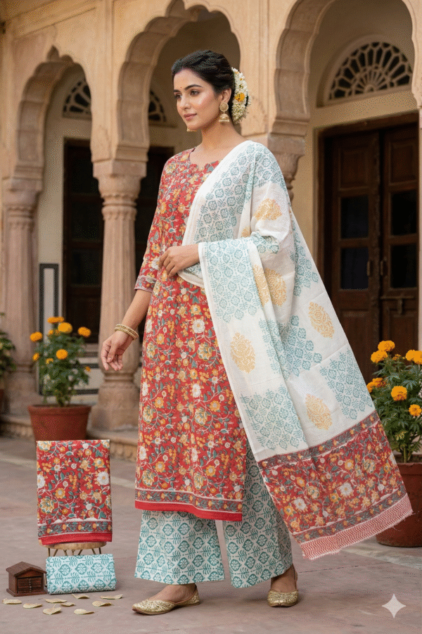 Block Print Cotton Suit With Cotton Dupatta