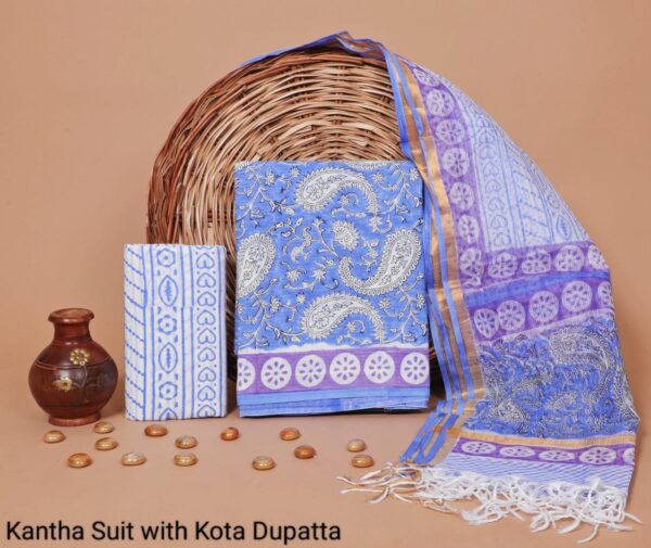 Hand Block Print Kantha Suit With Kota Doriya Dupatta