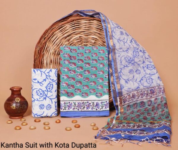Hand Block Print Kantha Suit With Kota Doriya Dupatta