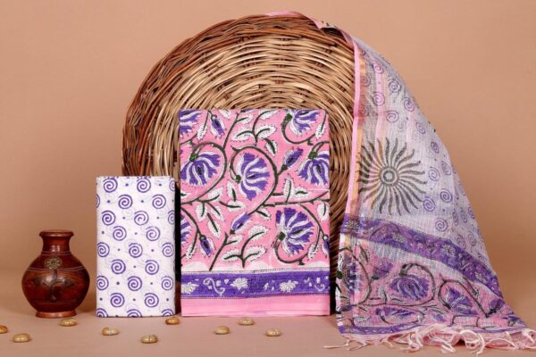 Hand Block Print Kantha Suit With Kota Doriya Dupatta
