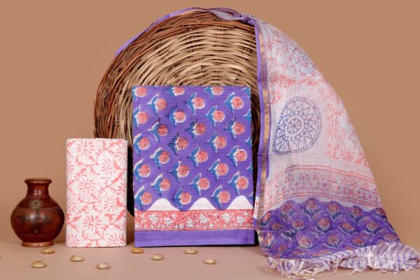 Hand Block Print Kantha Suit With Kota Doriya Dupatta