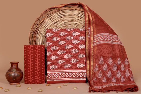 Hand Block Print Kantha Suit With Kota Doriya Dupatta