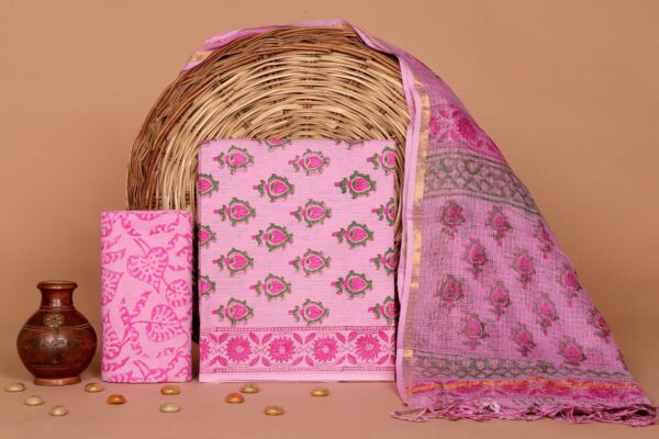 Hand Block Print Kantha Suit With Kota Doriya Dupatta