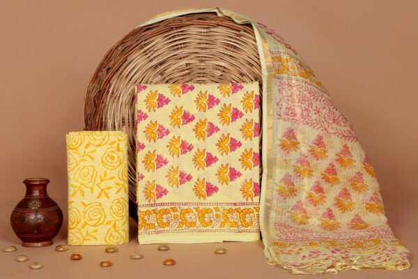Hand Block Print Kantha Suit With Kota Doriya Dupatta