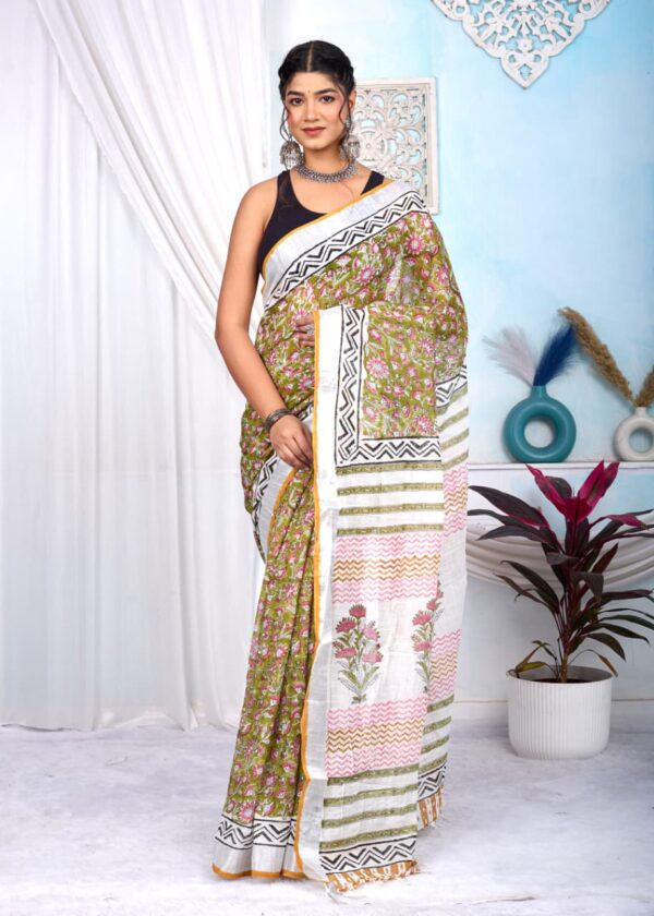 Hand Block Print Linen Cotton Saree