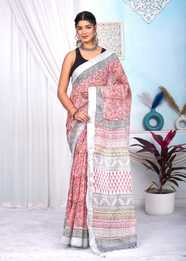 Hand Block Print Linen Cotton Saree