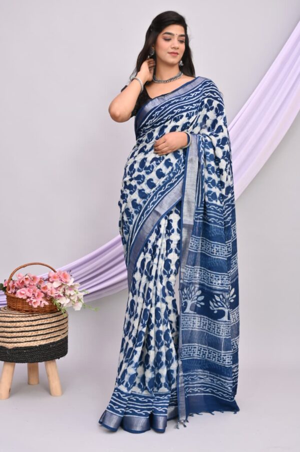 Hand Block Print Linen Cotton Saree