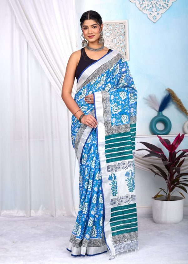 Hand Block Print Linen Cotton Saree