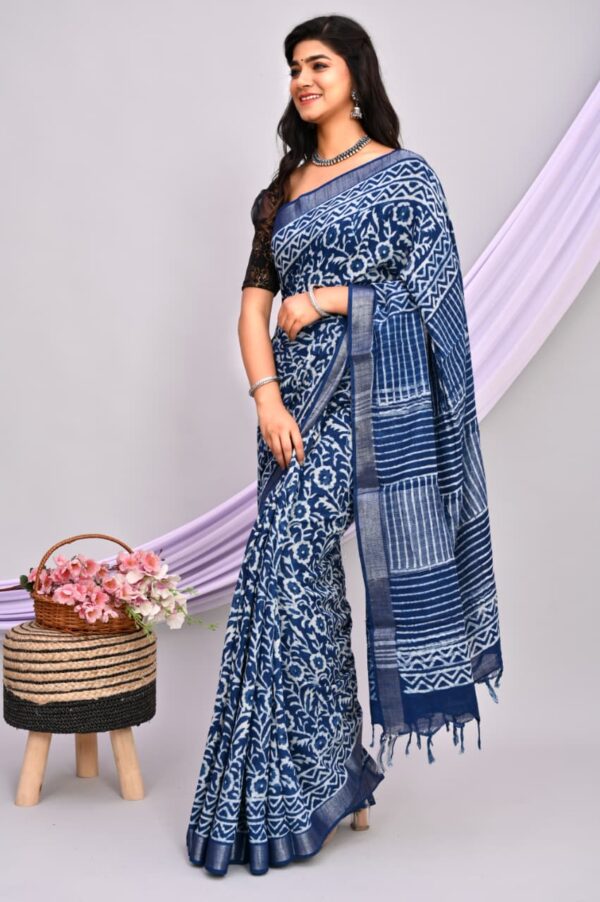 Hand Block Print Linen Cotton Saree