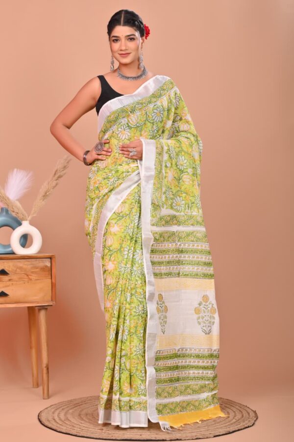 Hand Block Print Linen Cotton Saree
