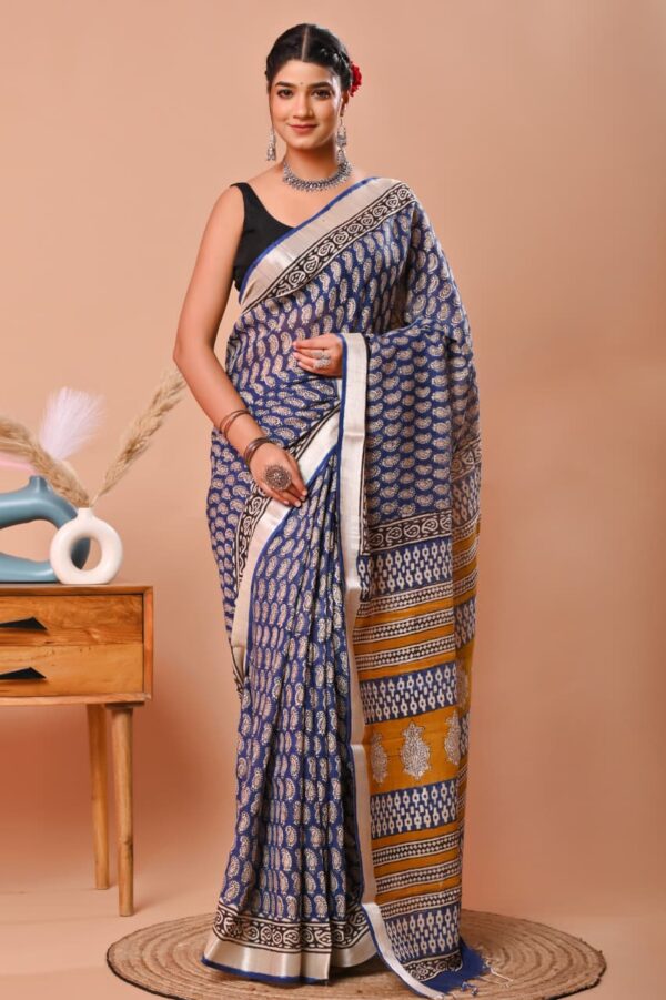 Hand Block Print Linen Cotton Saree
