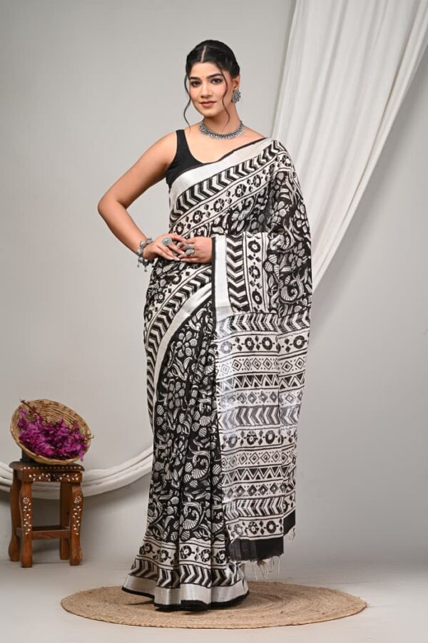 Hand Block Print Linen Cotton Saree