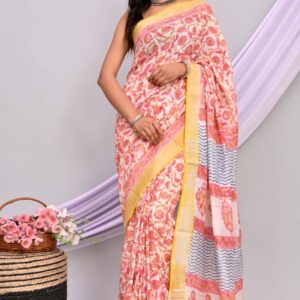 Hand Block Print Linen Cotton Saree