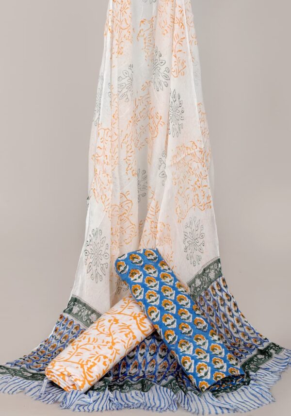 Hand Block Print Cotton Suit With Chiffon Dupatta