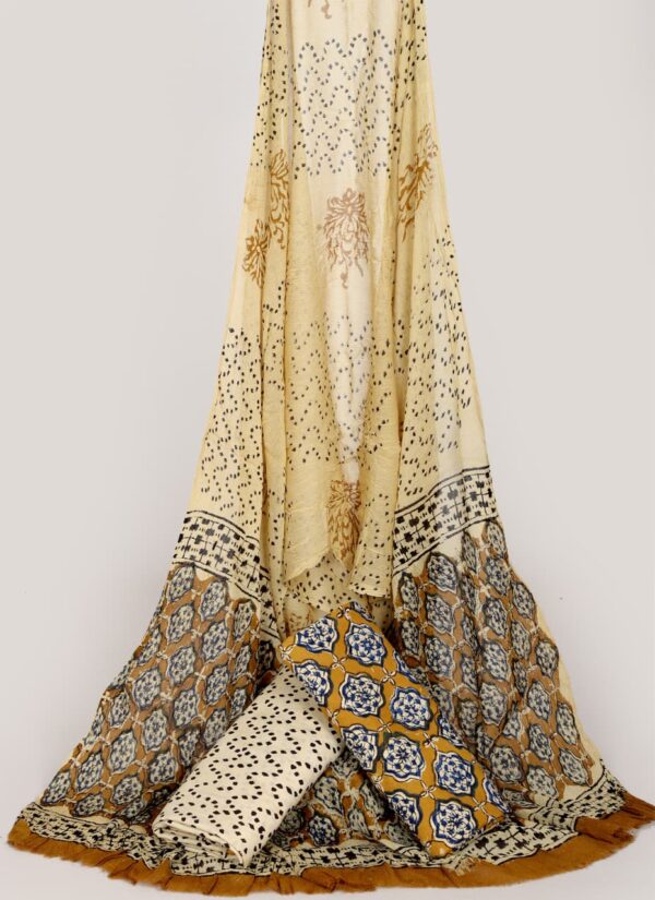 Hand Block Print Cotton Suit With Chiffon Dupatta