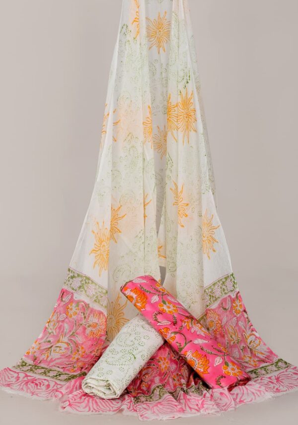 Hand Block Print Cotton Suit With Chiffon Dupatta
