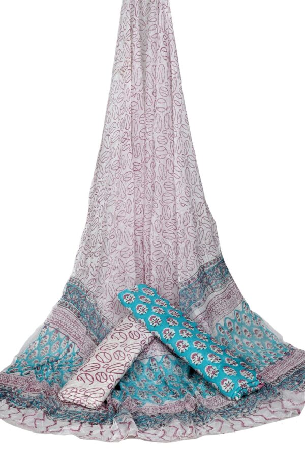 Hand Block Print Cotton Suit With Chiffon Dupatta