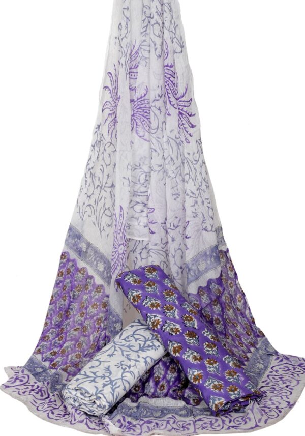 Hand Block Print Cotton Suit With Chiffon Dupatta