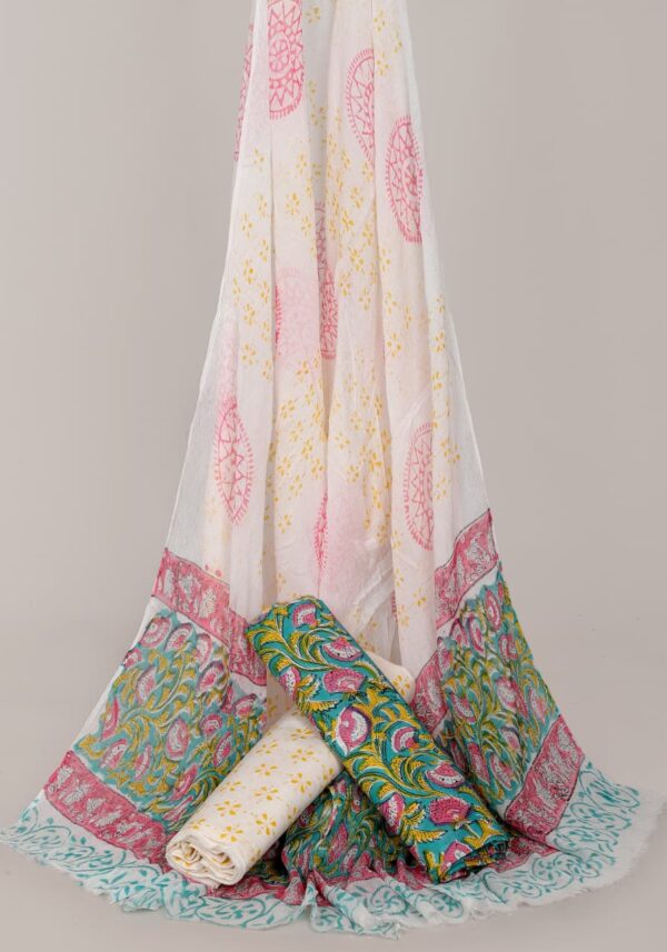 Hand Block Print Cotton Suit With Chiffon Dupatta