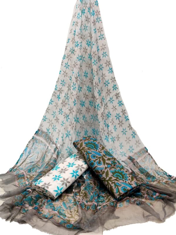 Hand Block Print Cotton Suit With Chiffon Dupatta
