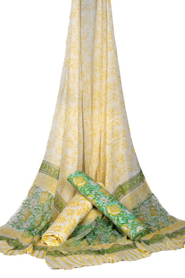 Hand Block Print Cotton Suit With Chiffon Dupatta