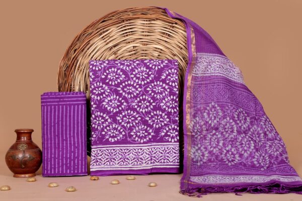 Hand Block Print Kantha Suit With Kota Doriya Dupatta