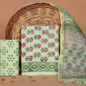 Hand Block Print Kantha Suit With Kota Doriya Dupatta