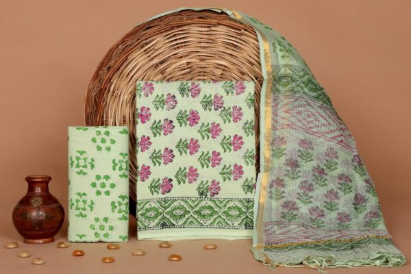 Hand Block Print Kantha Suit With Kota Doriya Dupatta