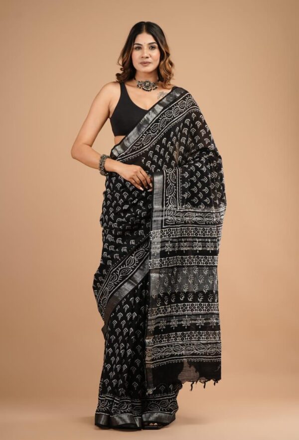 Hand Block Print Linen Cotton Saree