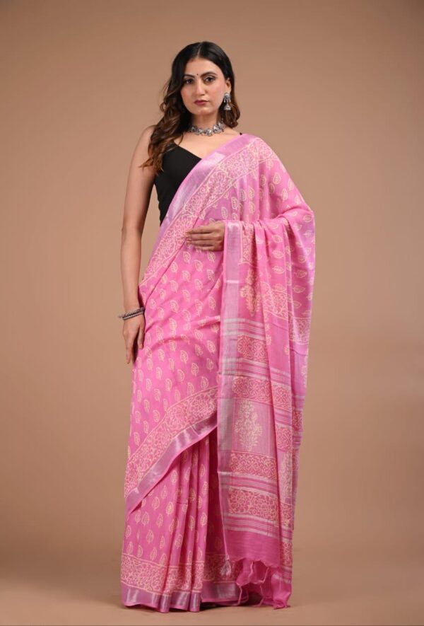 Hand Block Print Linen Cotton Saree