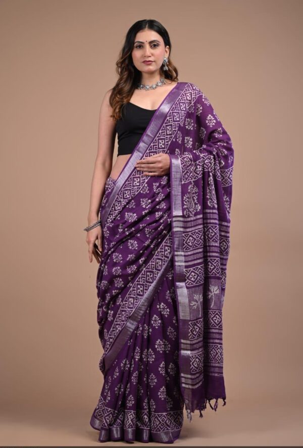 Hand Block Print Linen Cotton Saree