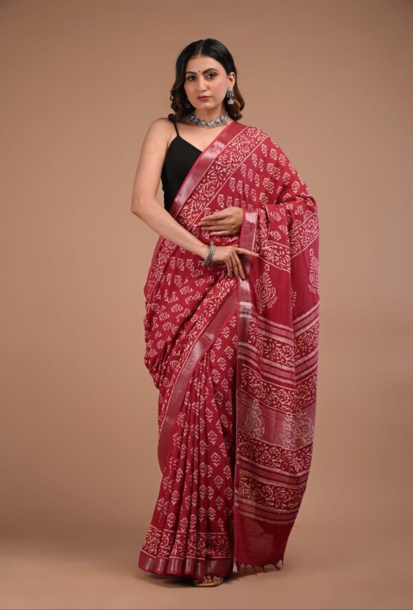 Hand Block Print Linen Cotton Saree