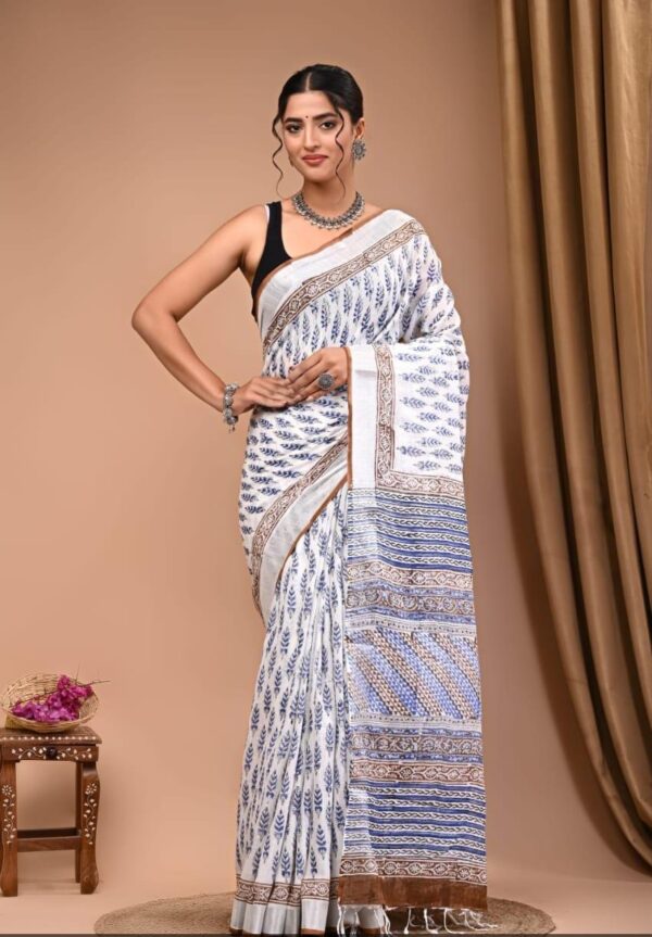 Hand Block Print Linen Cotton Saree