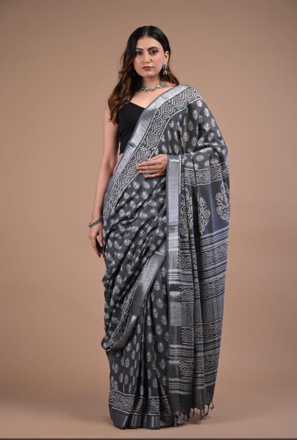 Hand Block Print Linen Cotton Saree