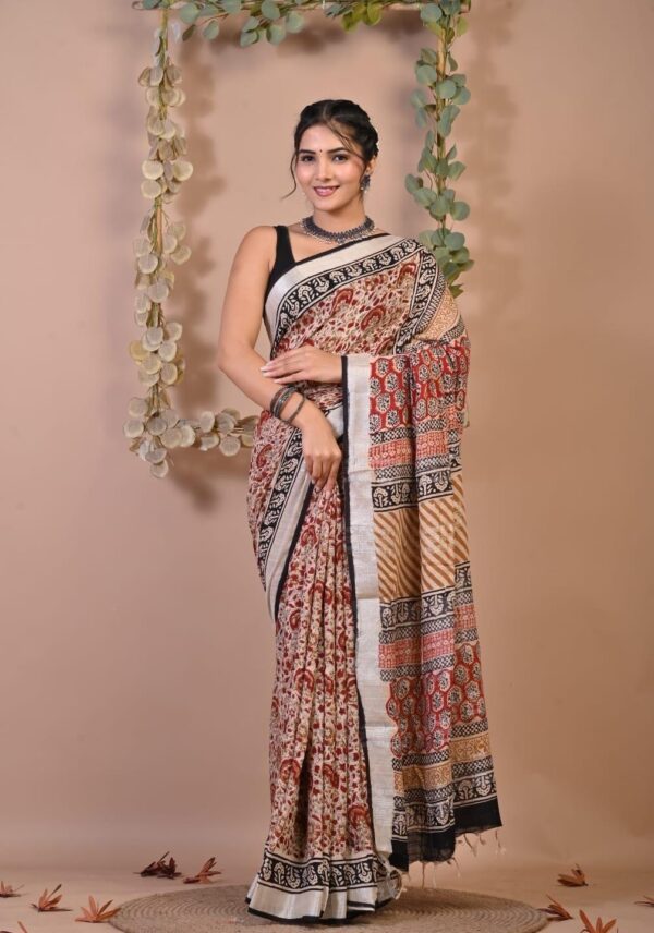 Hand Block Print Linen Cotton Saree