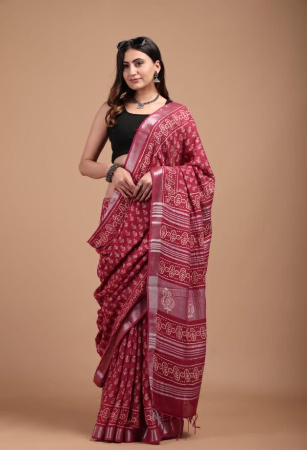 Hand Block Print Linen Cotton Saree