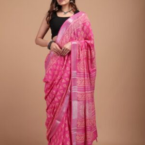 Hand Block Print Linen Cotton Saree