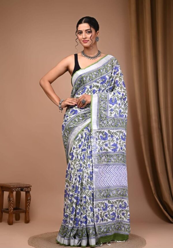 Hand Block Print Linen Cotton Saree