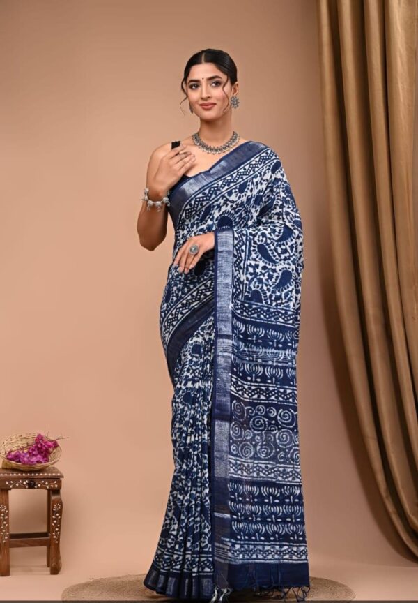 Hand Block Print Linen Cotton Saree