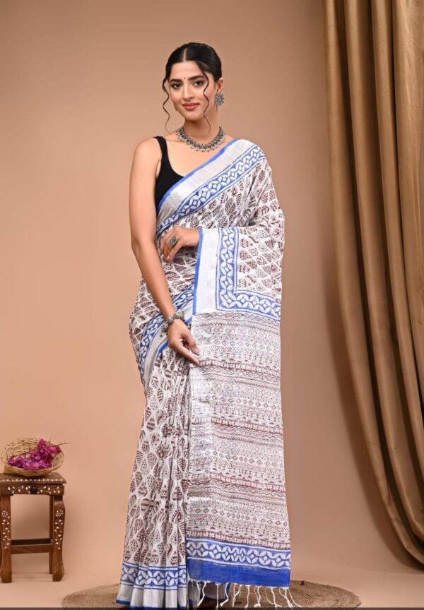 Hand Block Print Linen Cotton Saree