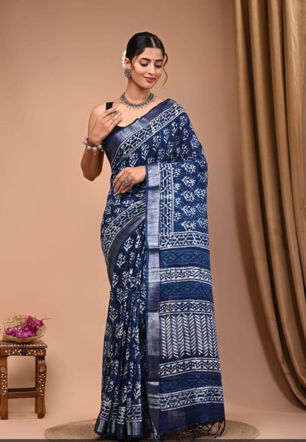 Hand Block Print Linen Cotton Saree