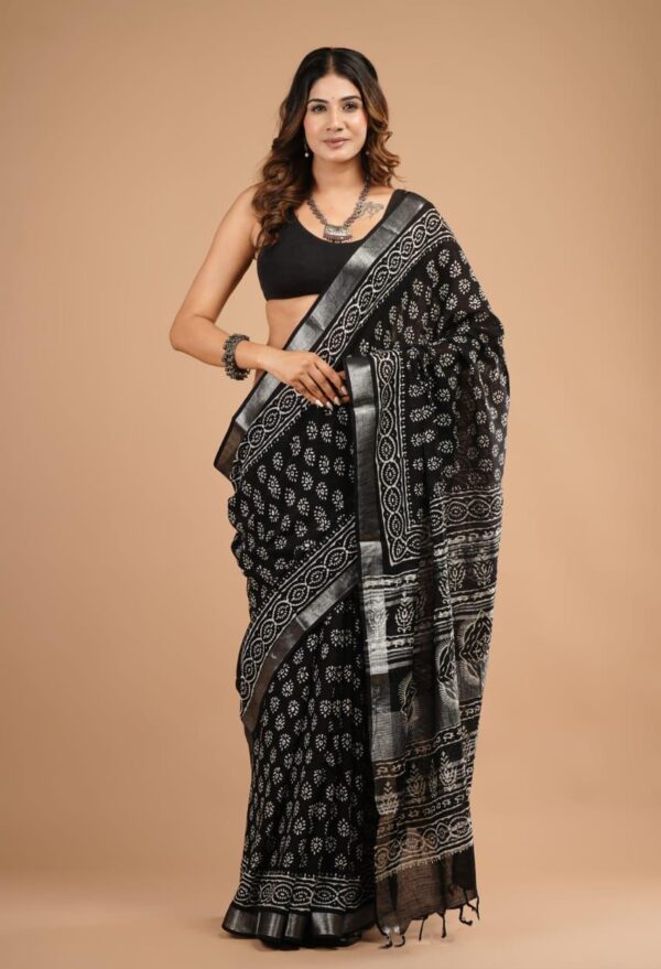 Hand Block Print Linen Cotton Saree
