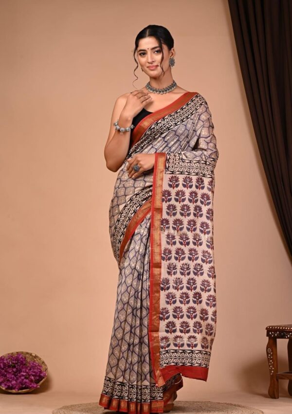 Hand Block Maheshwari Silk Saree