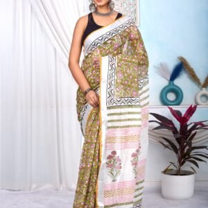 Hand Block Print Linen Cotton Saree