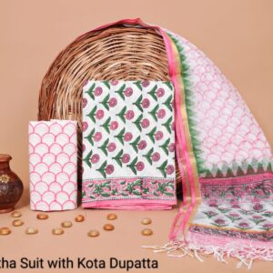 Hand Block Print Kantha Suit With Kota Doriya Dupatta