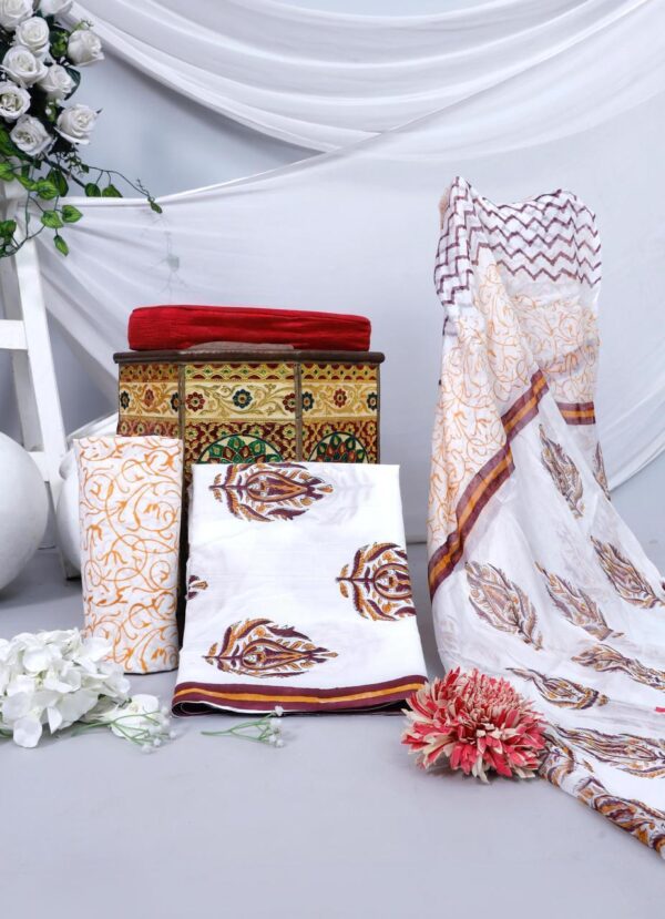 Hand Block Print Cotton Suit With Chiffon Dupatta
