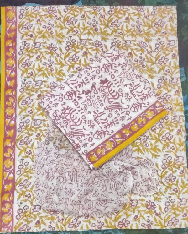Hand Block Print Cotton Suit With Chiffon Dupatta