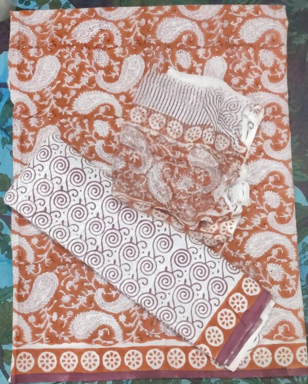 Hand Block Print Cotton Suit With Chiffon Dupatta