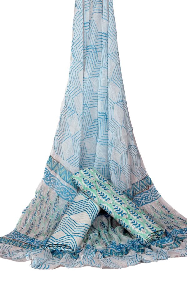 Hand Block Print Cotton Suit With Chiffon Dupatta